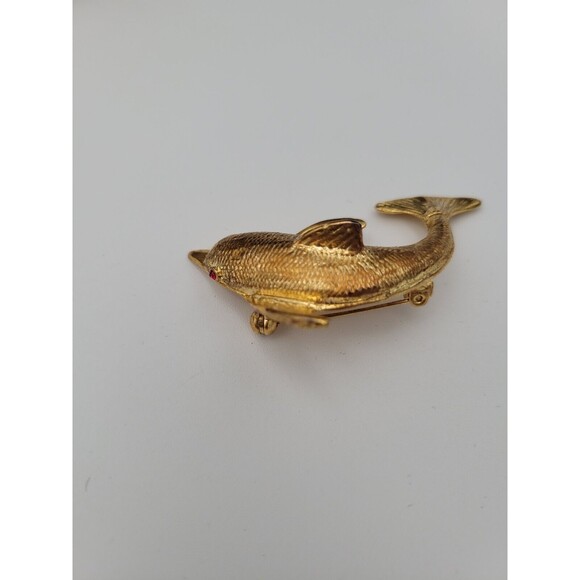 Vintage Dolphin Brooch Pin Gold Tone Red Rhinestone Eyes Statement Piece - Picture 3 of 5